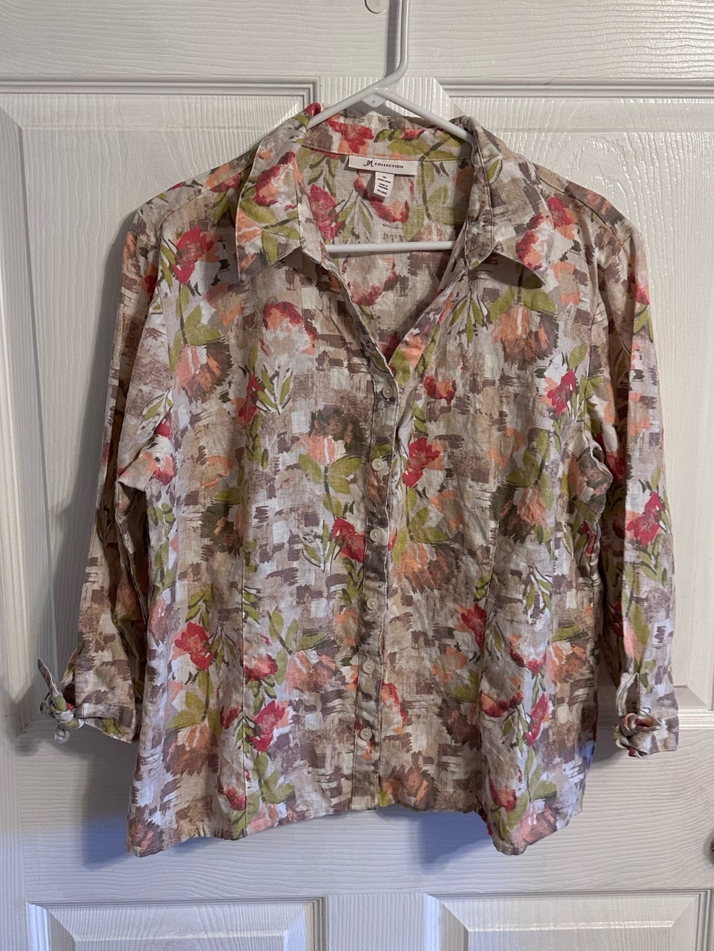 100% Linen JM Collection abstract floral 3/4 sleeve blouse